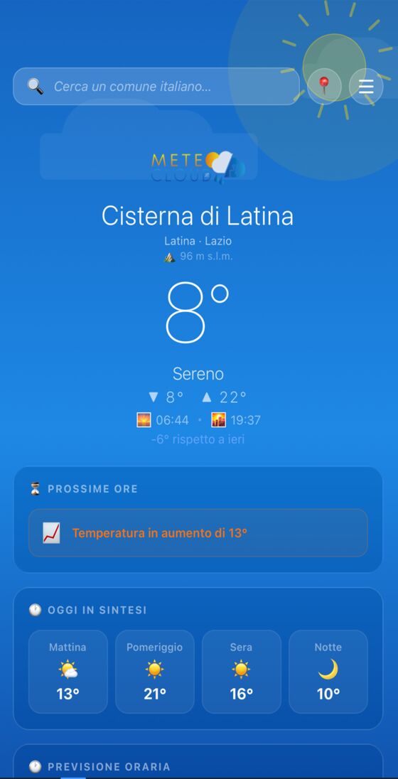 L'app Meteo Cloud: previsione per Cisterna di Latina con temperatura attuale, minima e massima, prossime ore e sintesi della giornata